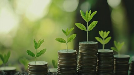 Poster - Green plants growing from stacked coins, symbolizing a commitment to sustainability in financial growth.