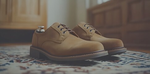 A pair of brown shoes with shoe trees on a patterned rug in a well-lit interior.