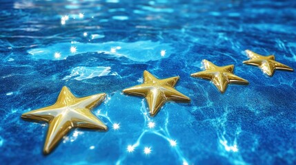 Poster - Radiant five-star rating bubbles float on a vibrant blue surface, symbolizing top-tier quality and performance.
