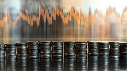 Poster - Rows of coins in front of an up-and-down market graph, symbolizing oil price shifts and their financial effects.