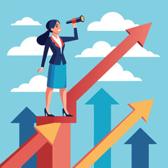 A businesswoman stands on upward arrows, looking through binoculars to spot future growth opportunities.