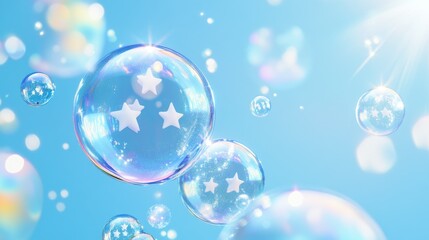 Poster - Soft glowing bubbles with five-star ratings hover over a calming blue background, showcasing elite customer reviews.