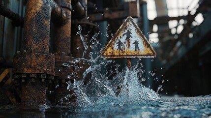 Aufkleber - Water splashing out of a pipe, forming a warning sign, with rusted pipes in the background.