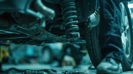 Poster - A skilled mechanic inspects suspension parts under a vehicle elevated on a hoist in a bustling garage filled with tools and equipment. Generative AI
