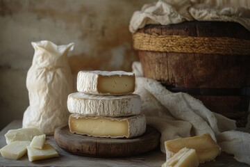 Poster - Stack of Brie Cheese on a Wooden Cutting Board