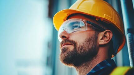 Aufkleber - a construction worker wearing safety glasses and a hard hat gazes thoughtfully at the ongoing buildi