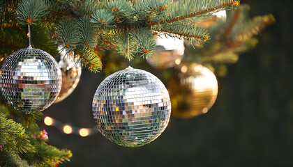 Wall Mural - a christmas tree features shiny disco balls hanging from its branches. _1(35)