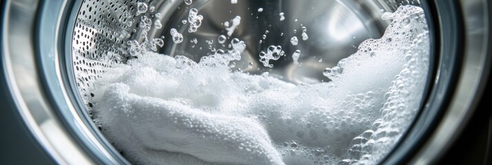 Aufkleber - The washing machine drum is filled with fluffy, white towels soaking in soap and water as they undergo a cleansing cycle. Generative AI