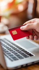 A person holds a red credit card up while making a purchase on a laptop, fully engaged in online shopping during the busy Black Friday sales