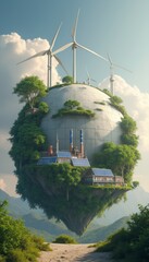 A futuristic floating island featuring wind turbines and eco-friendly structures surrounded by greenery. The image emphasizes sustainability, renewable energy, and environmental innovation.