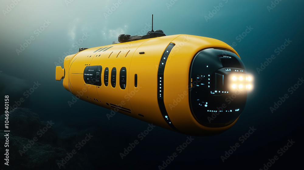 Yellow underwater drone or submarine equipped with lights exploring ...