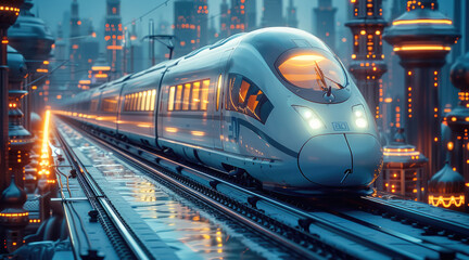 Aufkleber - A futuristic train with blue, on the background is an urban city with modern buildings and energy towers with gas bottles.