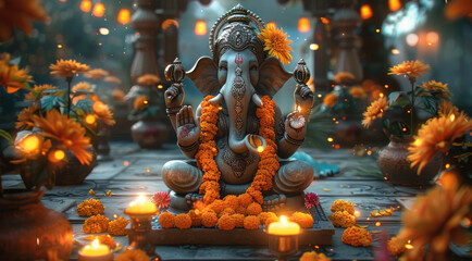 Lord Ganesha sitting on a beautifully decorated table with vibrant marigold flowers, colorful patterns, and twinkling fairy lights in the background.