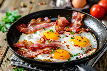 Plate of bacon and eggs with a side of tomatoes. The plate is on a wooden table with a wooden countertop