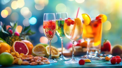Aufkleber - A vibrant display of colorful cocktails and fresh fruit slices arranged on a table, perfect for a festive summer gathering. Generative AI
