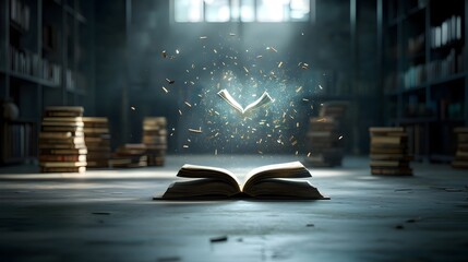 Aufkleber - Dreamy bokeh surrounds an ancient book opening radiating a soft magical glow with stacked old books in the background creating an ethereal mystical atmosphere