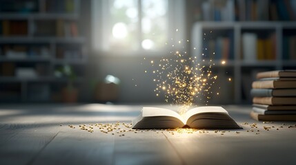 Aufkleber - The Mystical Unveiling of a Magical Book in a Dreamy Bokeh Filled Atmosphere Surrounded by Stacks of Old Tomes Emanating Light and Wonder