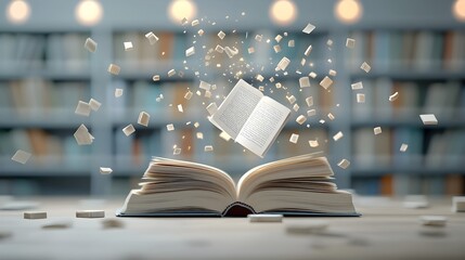 Aufkleber - Magical book opens in a dreamy bokeh filled atmosphere surrounded by stacks of old books that emanate an ethereal light and a sense of wonder  The pages beckon with the promise of knowledge