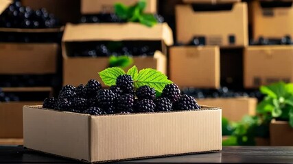 Poster - A box of fresh blackberries with a green leaf, set against a backdrop of cardboard boxes.