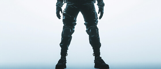 Closeup of Soldier Legs in Tactical Gear and Boots