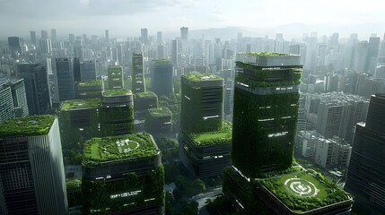 Fototapete - Futuristic green city with towering buildings powered by clean energy sources like solar and wind