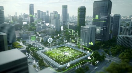 Fototapete - A modern sustainable city surrounded by digital security grids and systems showcasing the fusion of eco friendly technology and advanced cybersecurity infrastructure to create a resilient efficient