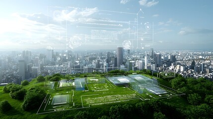 Wall Mural - Sustainable and Secure High Tech Future City Powered by Renewable Energy A digital security grid surrounds a green urban environment representing a vision of a clean efficient