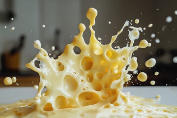 Poster - A Close-up of a Creamy Yellow Liquid Splashing, Revealing Numerous Round Holes