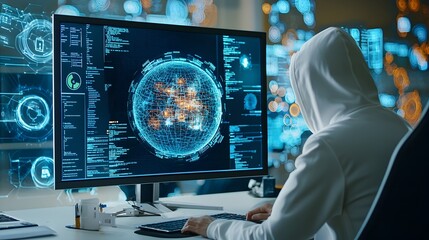 Fototapete - Close up of a hacker in front of a computer screen digital security systems glowing with a warm and surreal bokeh lighting effect creating an atmosphere of a cyber attack in progress