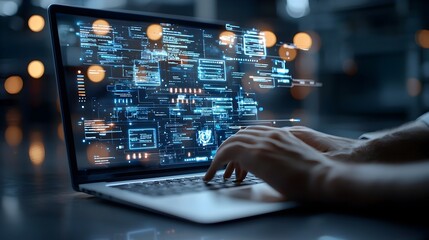 Fototapete - Hacker Strategizing Cybercrime Attack in Dimly Lit Room with Futuristic Digital Interface and Warm Bokeh Lighting Effects