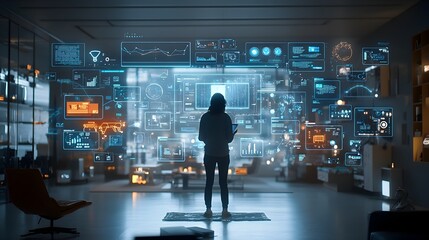 Leinwandbilder - Hacker working on a cyber attack in a dark high tech room with warm bokeh lighting and a floating digital safety interface creating a futuristic and ominous ambiance