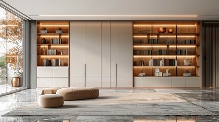 Modern minimalist style, light luxury high-end color scheme beige white gray wall cabinet combination combination of empty floor carpet with large bookcase and hanging shelves, interior design.