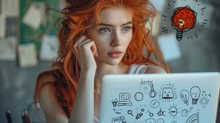 Leinwandbilder - A woman with red hair on a laptop, with illustrations around her head to show her ADHD problem-solving skills and quick thinking problem solving skills.