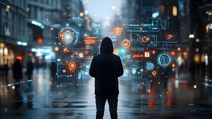 Fototapete - Silhouette of a hacker surrounded by warm bokeh lights with holographic security interfaces displaying vulnerabilities during a cyber attack in motion