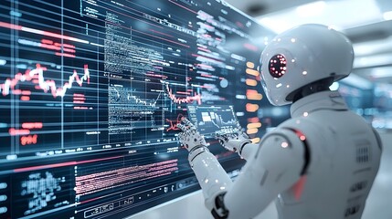 Fototapete - Futuristic Intelligence Robot Navigating Automated Financial Data and Trading Insights with Double Exposure of Forex Charts and Financial Graphs