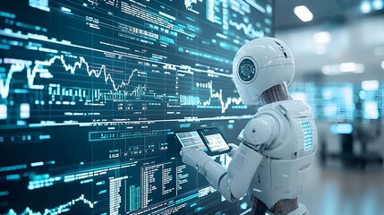 Fototapete - Cutting Edge AI Driven Trading Visualized with Robotic Silhouette and Financial Graphs on a Blue Background Showcasing the Power of Digital Analytics and Automation in the Financial Sector