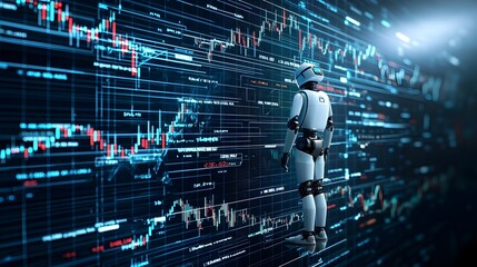 Aufkleber - Futuristic robot silhouette with double exposure of forex charts and financial graphs deep blue tones highlighting the automated trading concept and data driven decision making