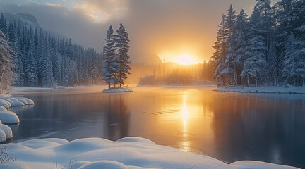 Poster - A peaceful winter landscape with frozen lakes, pine trees covered in snow, and a soft golden sunrise.