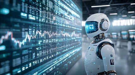 Poster - Futuristic silhouette of an AI powered robot with a double exposure of forex charts and financial graphs highlighting the deep blue tones of the automated trading concept in the digital age