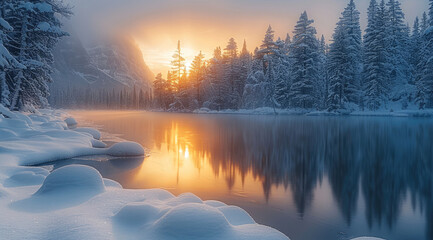 Poster - A peaceful winter landscape with frozen lakes, pine trees covered in snow, and a soft golden sunrise.