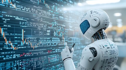 Fototapete - Silhouette of an robot overlapped with forex chart data and financial graphs set against a blue background creating a tech driven scene for automated trading visualization