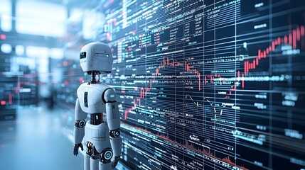 Poster - Futuristic AI powered financial market analysis and data visualization through integrated graphs forex charts and digital technology in a blue double exposure background