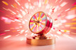 © World of AI - spinning fortune wheel with prizes, motion blur, red gold, led lit, front view, minimalist