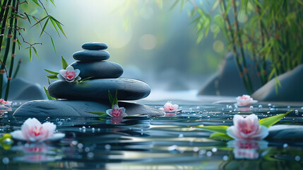 In a tranquil setting, gray and black stacked rocks, Green Bamboo and colorful flowers details float on the water. The background is decorated with a few bamboo stems and leaves, vibrant green.