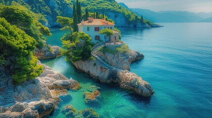 Poster - A breathtaking coastal landscape, the island has rugged cliffs with lush greenery on top. a house perched on the edge of a rocky cliff with a staircase leading down to the crystal-clear water below.