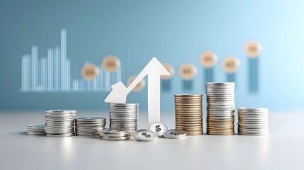 Poster - Digital 3D rendering of a stack of coins next to a rising vertical arrow with market graphs and charts in the background over a blue gradient background representing financial growth investment