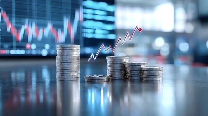 Poster - A 3D digital rendering depicting a stack of coins next to a rising vertical arrow with market graphs in the background over a blue gradient  The image symbolizes financial growth wealth