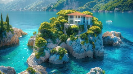 Poster - A breathtaking coastal landscape, the island has rugged cliffs with lush greenery on top. a house perched on the edge of a rocky cliff with a staircase leading down to the crystal-clear water below.