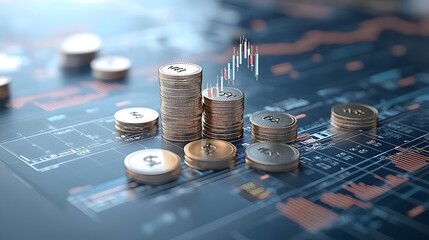 Poster - Modern 3D market concept featuring coins an ascending vertical arrow surrounded by financial charts and a blue technology theme  Representing the growth data analytics
