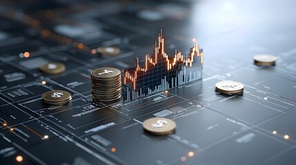 Leinwandbilder - Futuristic digital financial scene depicting 3D arrows showing market rise and a glowing financial graph over a sleek blue background representing technology growth